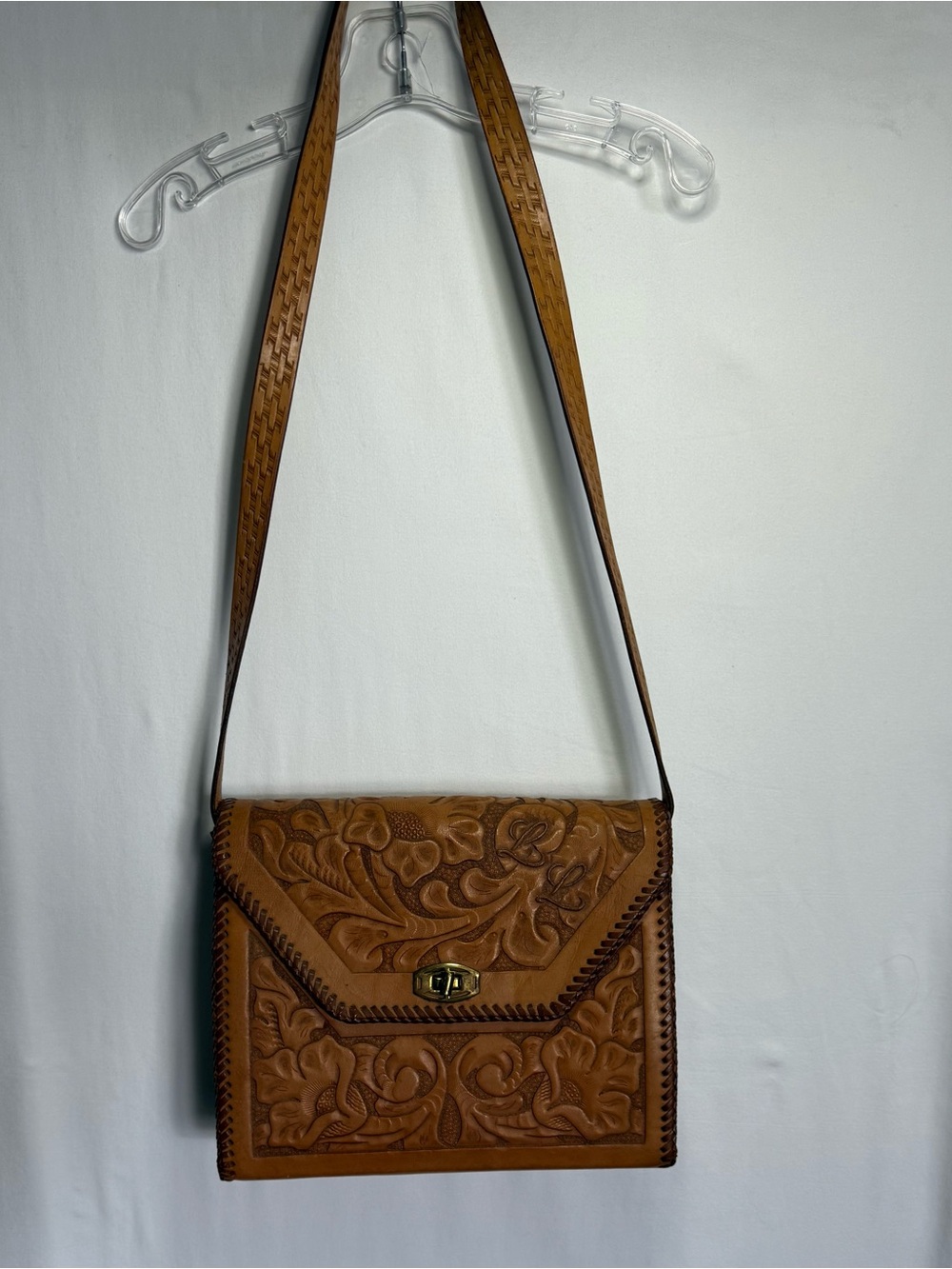 Source Unknown Brown Hand-Tooled Floral Leather Crossbody Bag